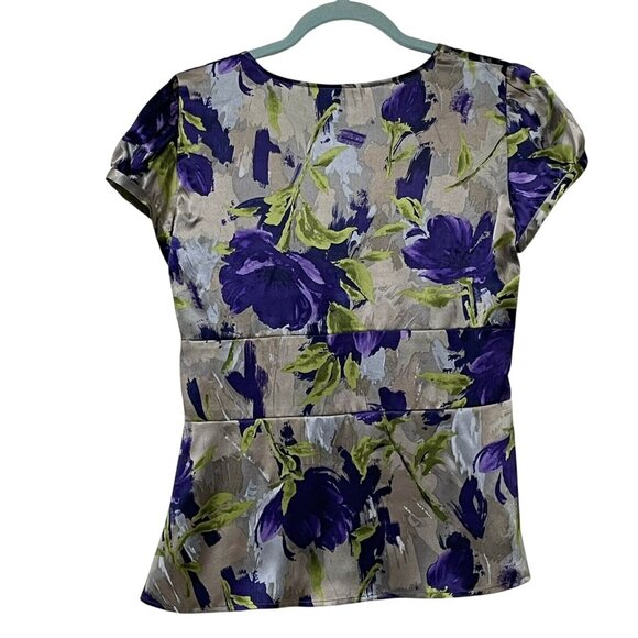 Ann Taylor Womens Size 6 Purple Yellow Floral V Neck Silk Blouse - Picture 4 of 7
